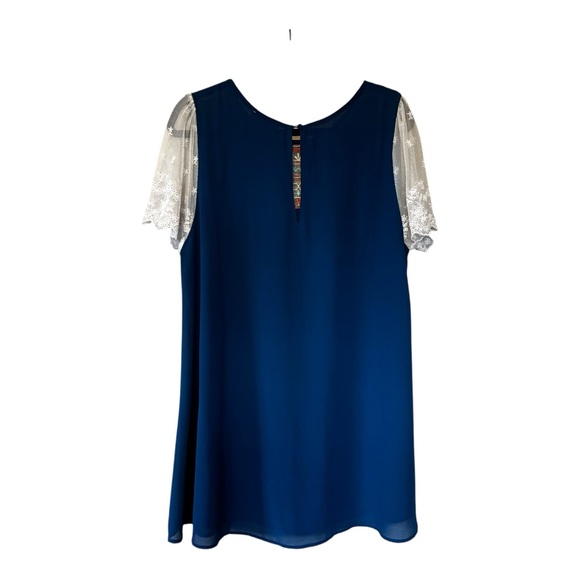 Umgee Blue and Lace Mini Dress L Boho Baby Doll Lose Flowy Embroidered - Picture 7 of 10